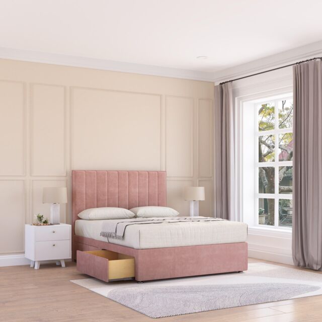 Sloomy Kansas Plush Velvet Memory Foam Bed Set With 4 Drawers, Mattress & Headboard in Pink - Size: King - image 1