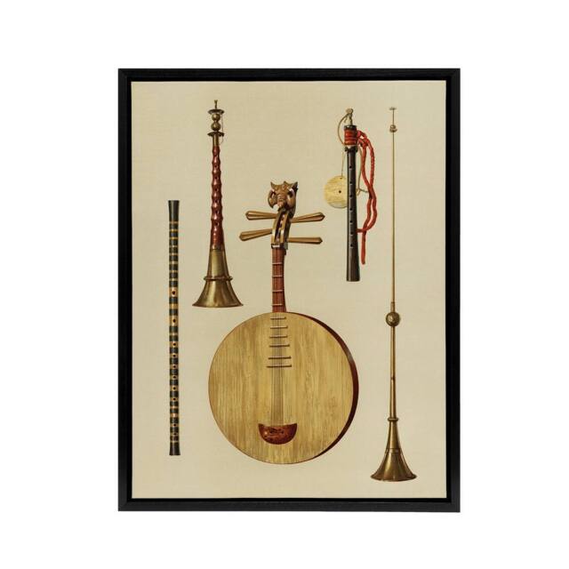 "Artery8 Japanese Musical Instruments Gibb Vintage Black Framed Canvas Wall Art in Beige - Size: W12"" x H16""" - image 1