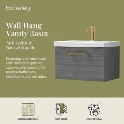 Balterley 600mm Wall Hung 1 Drawer Vanity, Woodgrain Anthracite, Bronze Handle in Grey - thumbnail 2