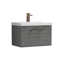 Balterley 600mm Wall Hung 1 Drawer Vanity, Woodgrain Anthracite, Bronze Handle in Grey