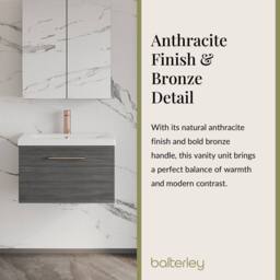 Balterley 600mm Wall Hung 1 Drawer Vanity, Woodgrain Anthracite, Bronze Handle in Grey - thumbnail 7