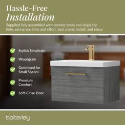 Balterley 600mm Wall Hung 1 Drawer Vanity, Woodgrain Anthracite, Bronze Handle in Grey - thumbnail 4