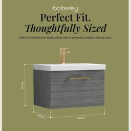 Balterley 600mm Wall Hung 1 Drawer Vanity, Woodgrain Anthracite, Bronze Handle in Grey - thumbnail 5