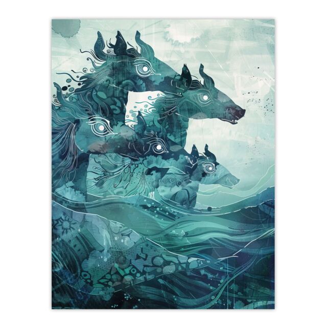 "Artery8 Mythical Sea Kelpies Riding Waves Artwork Blue Wall Art Print - Size: W24"" x H32""" - image 1