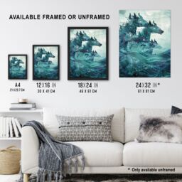"Artery8 Mythical Sea Kelpies Riding Waves Artwork Blue Wall Art Print - Size: W24"" x H32""" - thumbnail 3