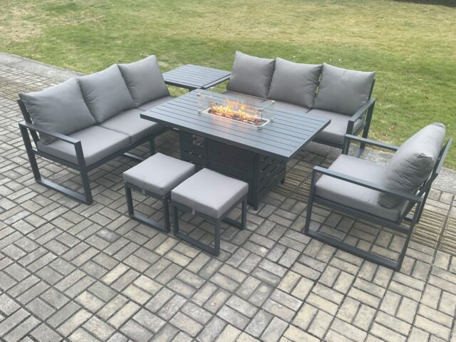 Fimous Aluminium 7 Pieces Garden Furniture Sofa Set with Cushions 9 Seater Gas Fire Pit Dining Table Set with Side Table 2 Small Footstools - image 1