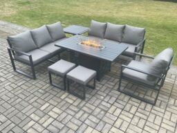 Fimous Aluminium 7 Pieces Garden Furniture Sofa Set with Cushions 9 Seater Gas Fire Pit Dining Table Set with Side Table 2 Small Footstools - thumbnail 1