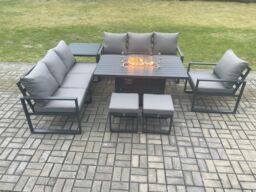 Fimous Aluminium 7 Pieces Garden Furniture Sofa Set with Cushions 9 Seater Gas Fire Pit Dining Table Set with Side Table 2 Small Footstools - thumbnail 2