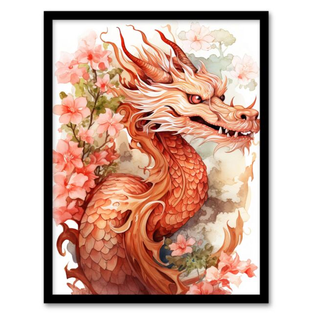 Artery8 Wall Art Print Fantasy Dragon Serpent Floral Pink Orange 2024 China Year Of The Dragon Art Framed in Red - Size: A4 - image 1