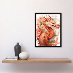Artery8 Wall Art Print Fantasy Dragon Serpent Floral Pink Orange 2024 China Year Of The Dragon Art Framed in Red - Size: A4 - thumbnail 4