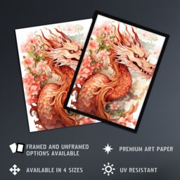 Artery8 Wall Art Print Fantasy Dragon Serpent Floral Pink Orange 2024 China Year Of The Dragon Art Framed in Red - Size: A4 - thumbnail 2