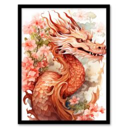 Artery8 Wall Art Print Fantasy Dragon Serpent Floral Pink Orange 2024 China Year Of The Dragon Art Framed in Red - Size: A4 - thumbnail 1