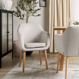 Wyld and Coco Taupe Velvet Dining Chair with Armrests and Rubberwood Legs in Beige