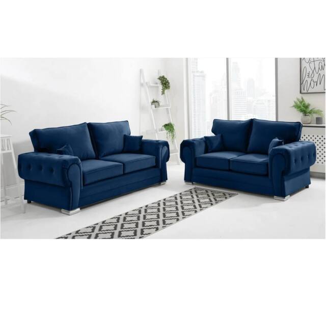 Furniture 786 Chingford Plush Velvet Full Back 3+2 Seater Sofa Set in Mid Blue - image 1