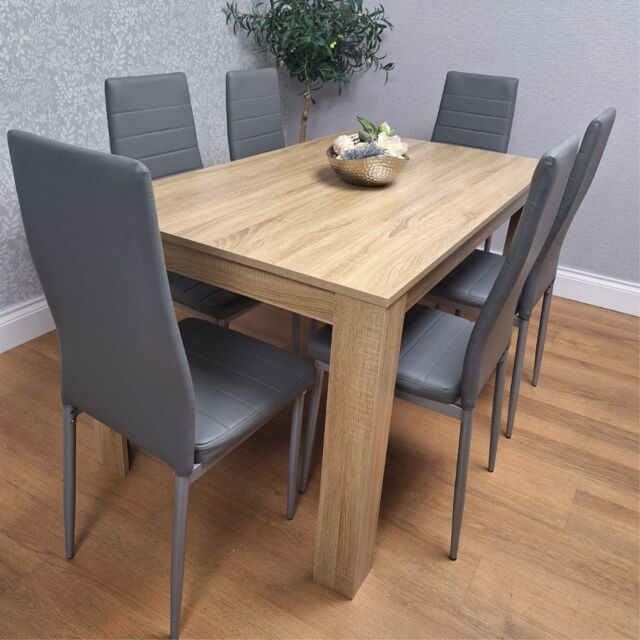 KOSY KOALA Oak Effect Dining Table Set With 6 Grey Faux Leather Chairs Dining Room Furniture in Brown - image 1