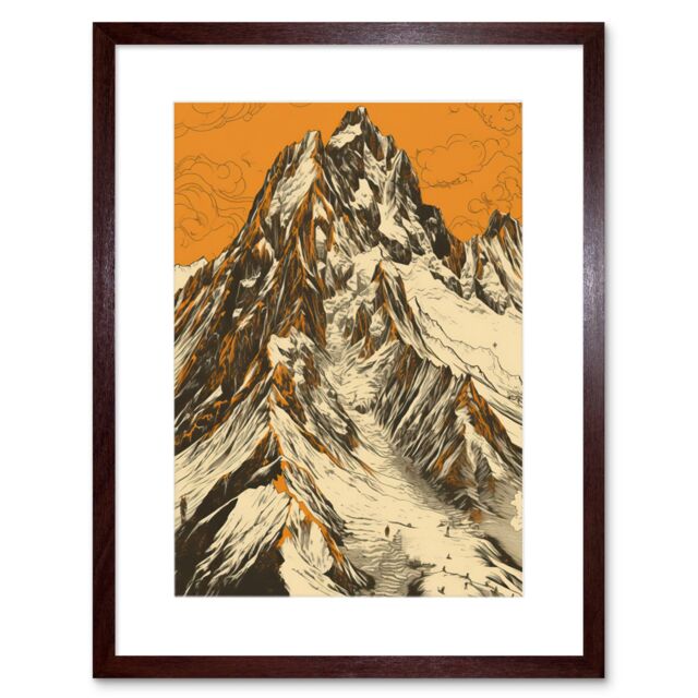 "Artery8 Wall Art Print K2 Mountain Peak Summit Climbers White & Orange Artwork Framed 9X7 Inch in Brown - Size: W7"" x H9""" - image 1