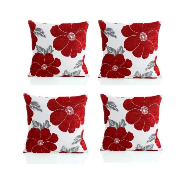 Luxury Living Poppy Chenille Cushions Set of 4 - Luxurious Floral Design, Thick Jacquard Fabric, Easy-Care with Wide Zip in Red - Size: 45 cm x 45 cm - image 1
