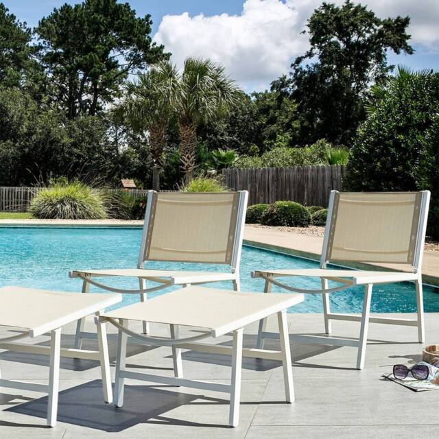 Wyld and Coco Set of 2 Beige Textilene Garden Chairs with Footrests Aluminium Frame - image 1