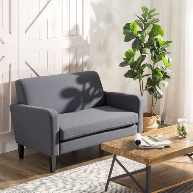 HOMCOM Linen Modern-Curved 2-Seat Sofa Loveseat with Thick Cushion Wood Legs in Grey - image 1