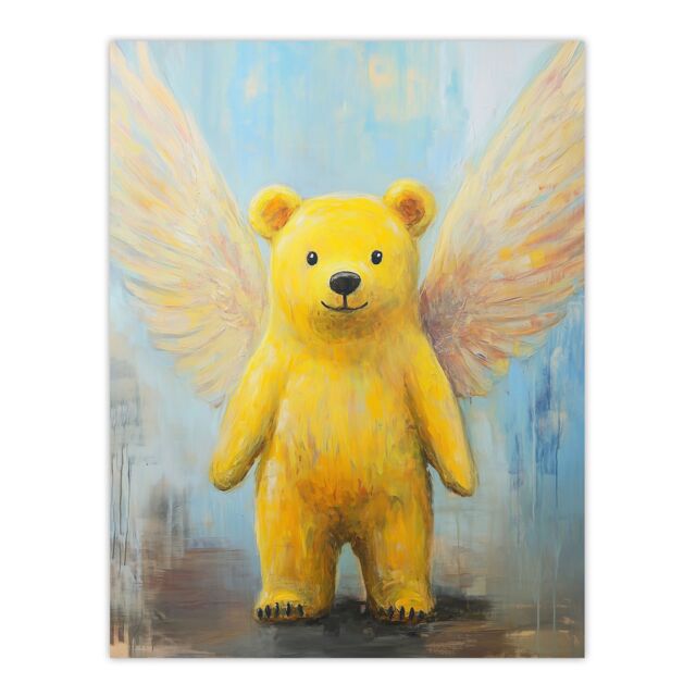 "Artery8 Cute Yellow Teddy Bear With Wings Oil Painting Wall Art Print - Size: W12"" x H16""" - image 1