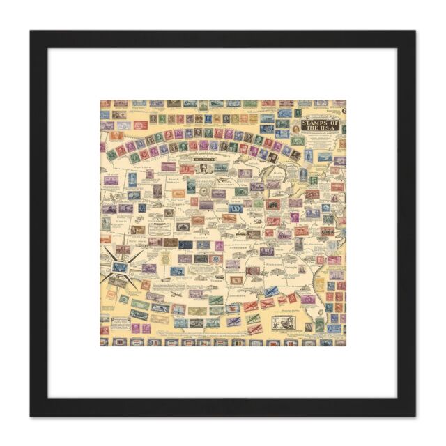 Artery8 Map Ernest Dudley Chase 1947 Stamps USA Pictorial 8X8 Inch Square Wooden Framed Wall Art Print Picture with Mount in Black - image 1