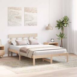 Berkfield Home Bed Frame with Headboard 140x190 cm Solid Wood Pine in Light Tan - thumbnail 4