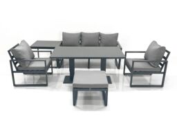Fimous Outdoor Aluminium Garden Furniture Set with Adjustable Rising Lifting Dining Table 3 Seater Sofa 2 Chair Big Footstool Side Table Dark Grey - thumbnail 1