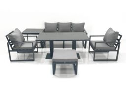 Fimous Outdoor Aluminium Garden Furniture Set with Adjustable Rising Lifting Dining Table 3 Seater Sofa 2 Chair Big Footstool Side Table Dark Grey - thumbnail 2