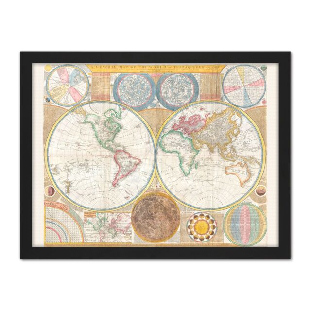 "Artery8 Wall Art Print Dunn Map 1794 World Solar Double Hemisphere Large Framed Wall Décor Art in White - Size: W18"" x H24""" - image 1