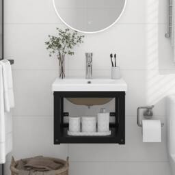 Berkfield Home Bathroom Washbasin Frame with Built-in Basin Black Iron - thumbnail 2