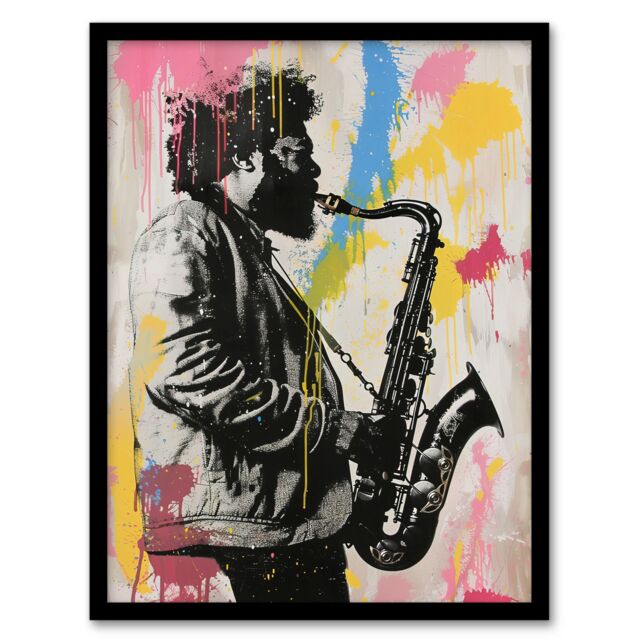 Artery8 Saxophone Player Portrait Paint Splash Street Art Framed Art Print - Size: A4 - image 1