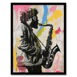 Artery8 Saxophone Player Portrait Paint Splash Street Art Framed Art Print - Size: A4 - thumbnail 1