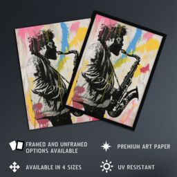 Artery8 Saxophone Player Portrait Paint Splash Street Art Framed Art Print - Size: A4 - thumbnail 2