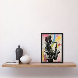 Artery8 Saxophone Player Portrait Paint Splash Street Art Framed Art Print - Size: A4 - thumbnail 4