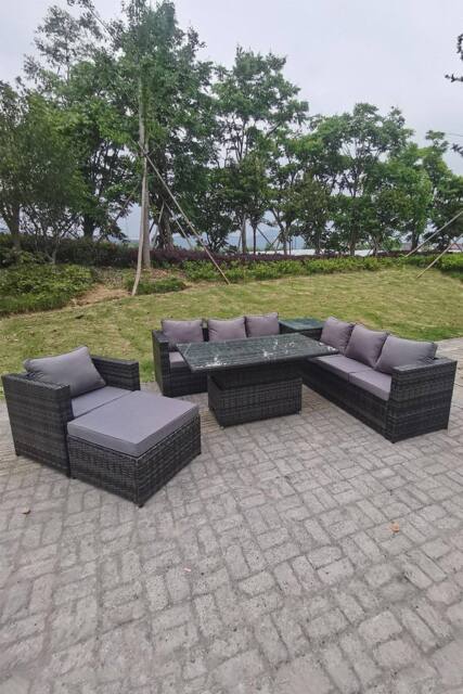 Fimous 8 Seater PE Rattan Corner Sofa Set Rising Adjustable Dining Table Set High Side Coffee Table in Dark Grey - image 1
