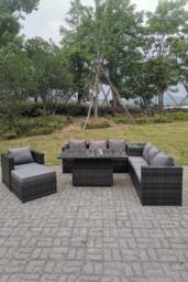 Fimous 8 Seater PE Rattan Corner Sofa Set Rising Adjustable Dining Table Set High Side Coffee Table in Dark Grey - thumbnail 2