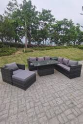 Fimous 8 Seater PE Rattan Corner Sofa Set Rising Adjustable Dining Table Set High Side Coffee Table in Dark Grey - thumbnail 1
