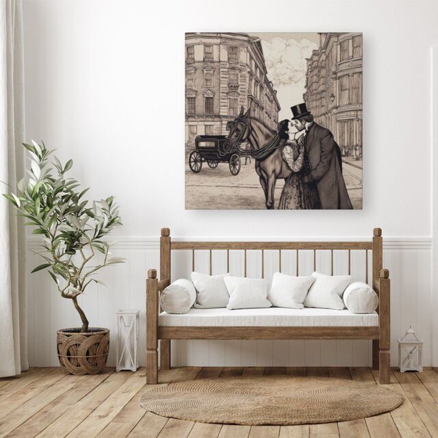 "Warren Reed - Designer Victorian Lovers On A London Street Canvas in Black - Size: W30"" x H30""" - image 1