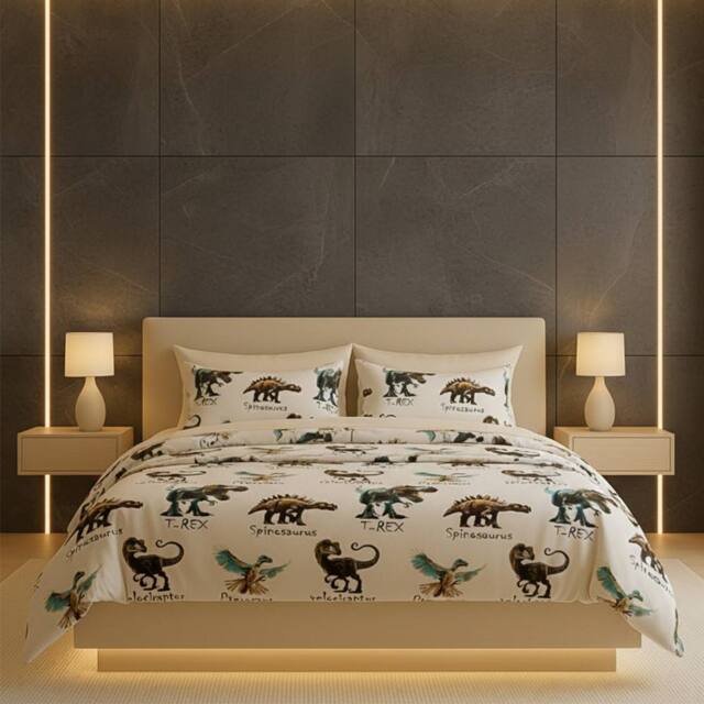 Snug City Dinosaur Kids Bedding Set Fun Cozy Dino Design for Children in White - Size: Single