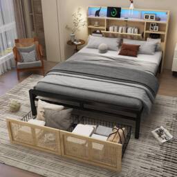 Matteo Wooden Bed - Integrated LED, USB & Storage - Rattan Drawer - Double in Natural - thumbnail 6