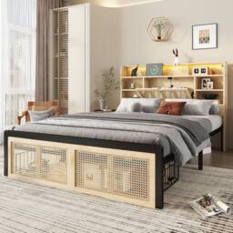 Matteo Wooden Bed - Integrated LED, USB & Storage - Rattan Drawer - Double in Natural - thumbnail 5