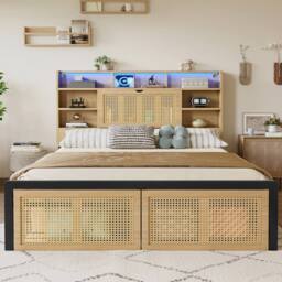 Matteo Wooden Bed - Integrated LED, USB & Storage - Rattan Drawer - Double in Natural - thumbnail 2