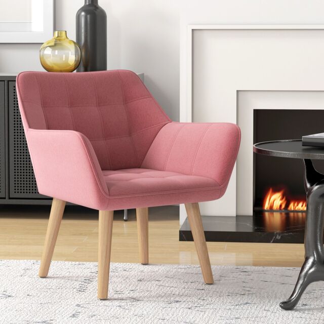 HOMCOM Velvet-Feel Accent Chair with Arms Slanted Back Wood Legs in Pink - image 1