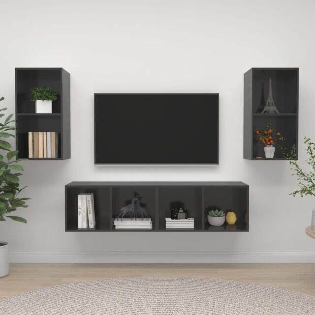 Berkfield Home Wall-mounted TV Cabinets 4 pcs High Gloss Grey Engineered Wood - image 1