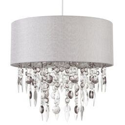 First Choice Lighting Large 40cm Easy Fit Shade in Grey with Acrylic Droplets in Silver