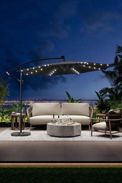 Garden Sanctuary Garden Solar LED Lighted Patio Parasol with Cross Base & Fillable Base in Dark Grey - image 1