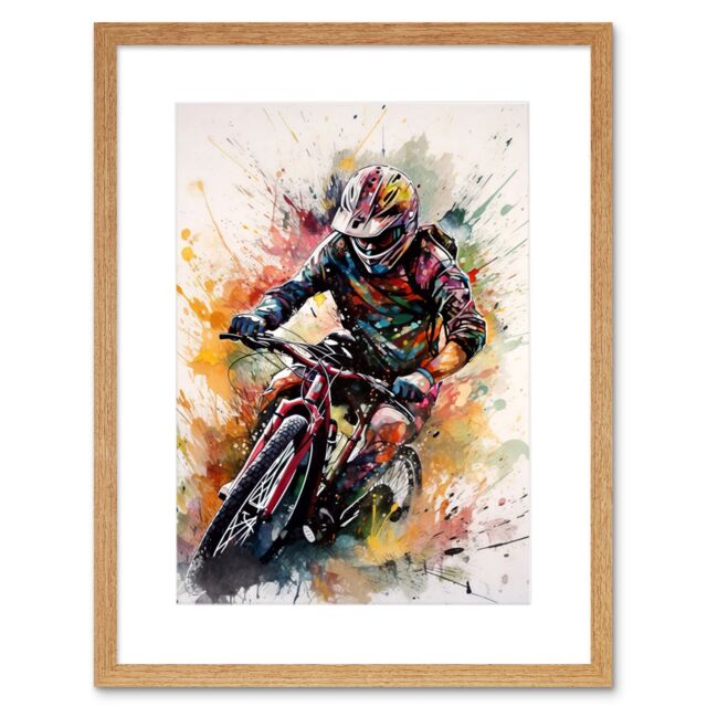 "Artery8 Wall Art Print Mountain Biker Action Shot Paint Splat Portrait Artwork Framed 9X7 Inch in Beige - Size: W7"" x H9""" - image 1