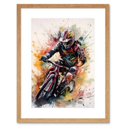 "Artery8 Wall Art Print Mountain Biker Action Shot Paint Splat Portrait Artwork Framed 9X7 Inch in Beige - Size: W7"" x H9""" - thumbnail 1