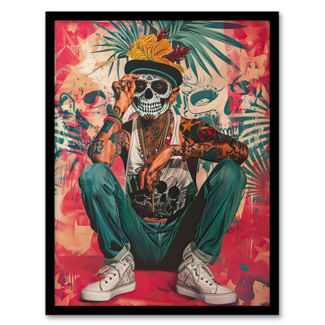 Artery8 Day of the Dead Portrait Tattoos Street Art Mexican Framed Art Print in Red - Size: A4 - image 1