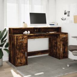 Berkfield Home Desk with LED Lights Smoked Oak 160x55x91 cm Engineered Wood in Brown - Size: 160 x 55 x 91 cm - thumbnail 4